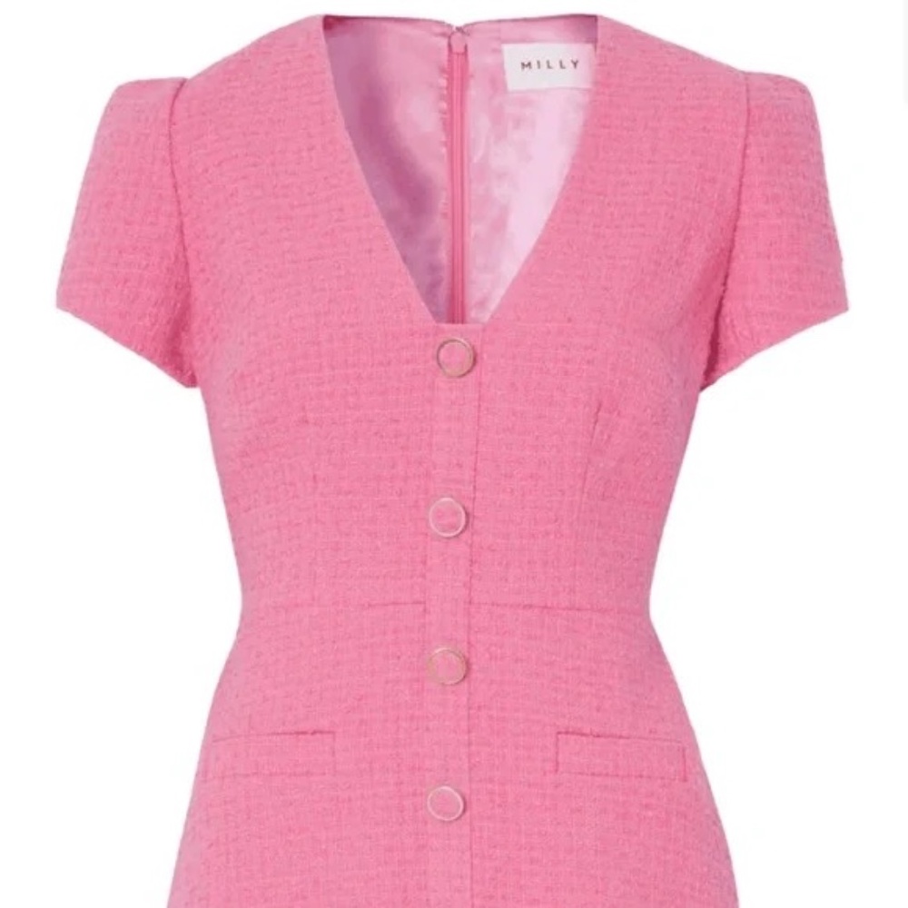 MILLY Genevie Pink Bouclé V Neck Dress  NWOT - Picture 10 of 13